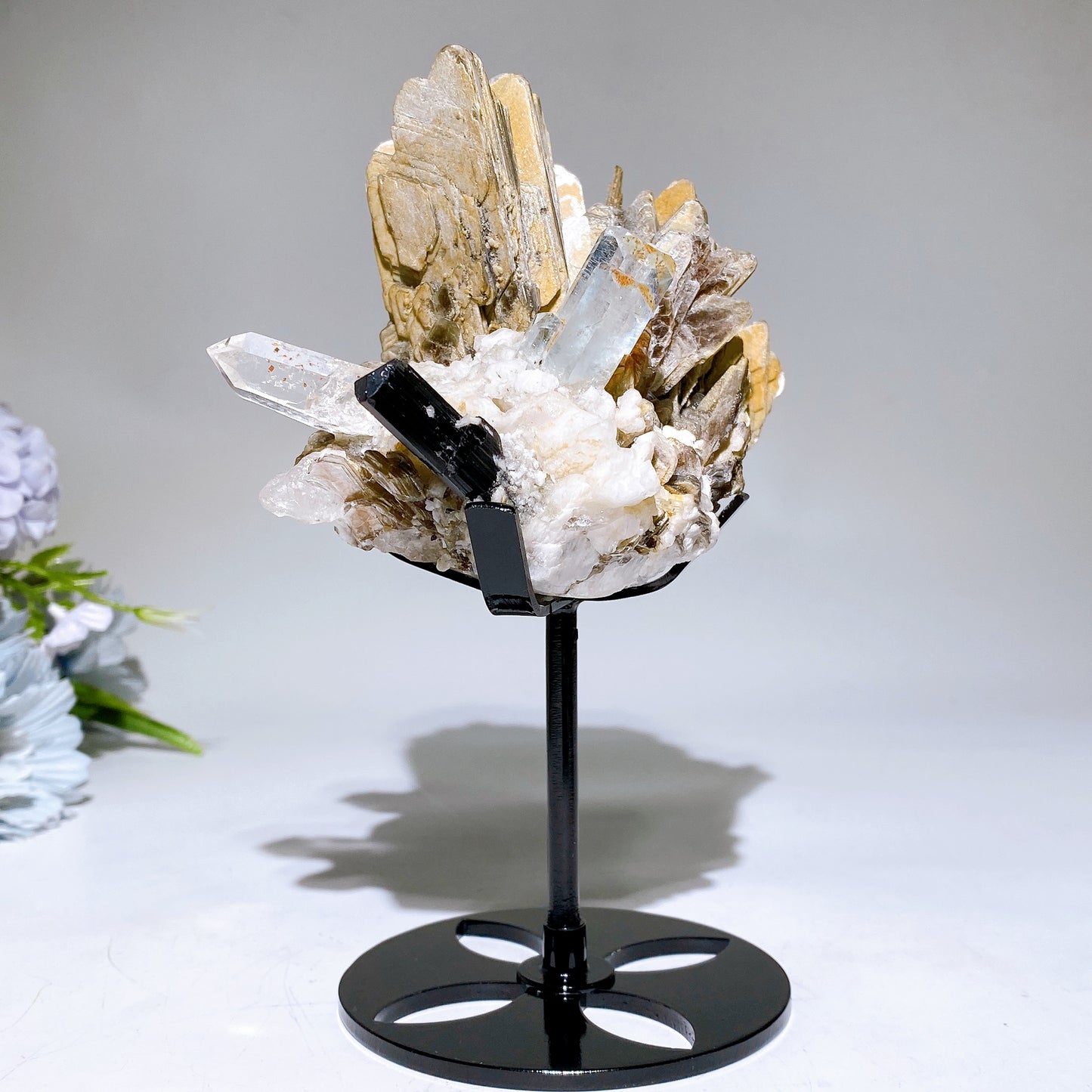 Unique Golden Mica Grow with Aquamarine Black Tourmaline & Quartz Specimen with Stand Crystal Healing Bulk Wholesale