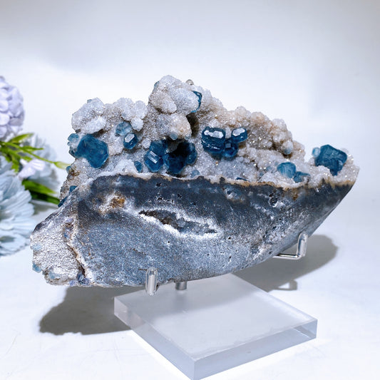 18cm Unique Sugar Blue Fluorite Ship Shape Specimen with Stand Crystal Healing Bulk Wholesale