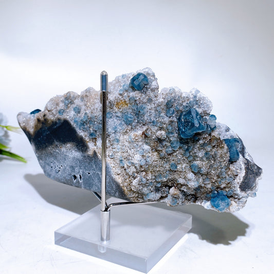 18cm Unique Sugar Blue Fluorite Ship Shape Specimen with Stand Crystal Healing Bulk Wholesale