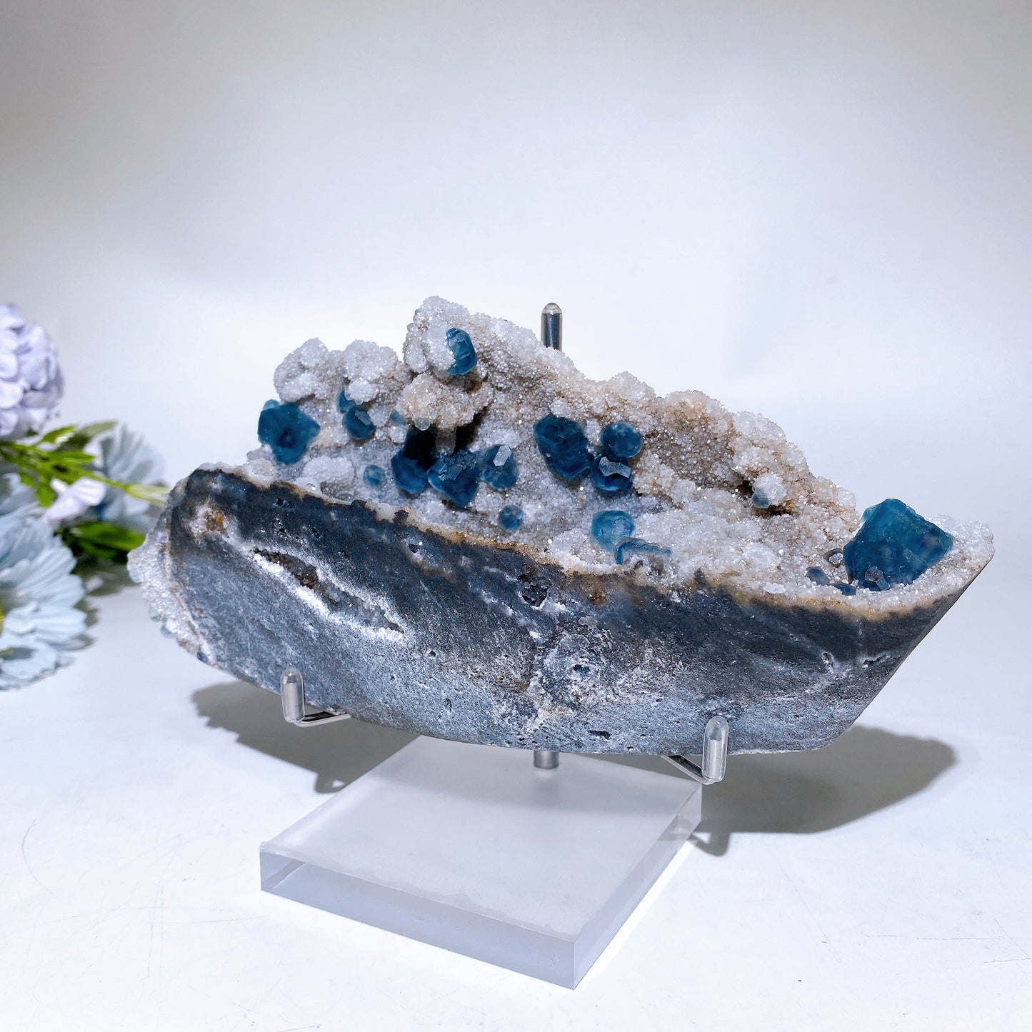 18cm Unique Sugar Blue Fluorite Ship Shape Specimen with Stand Crystal Healing Bulk Wholesale