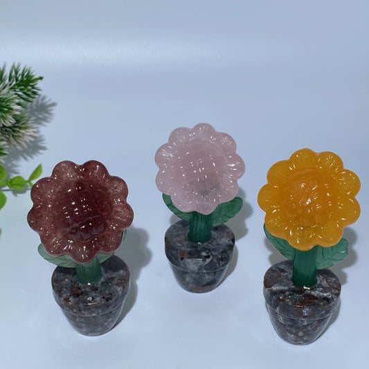 Mixed Crystal Sun Flower with Yooperlite Pot Bonsai Carvings Bulk Wholesale