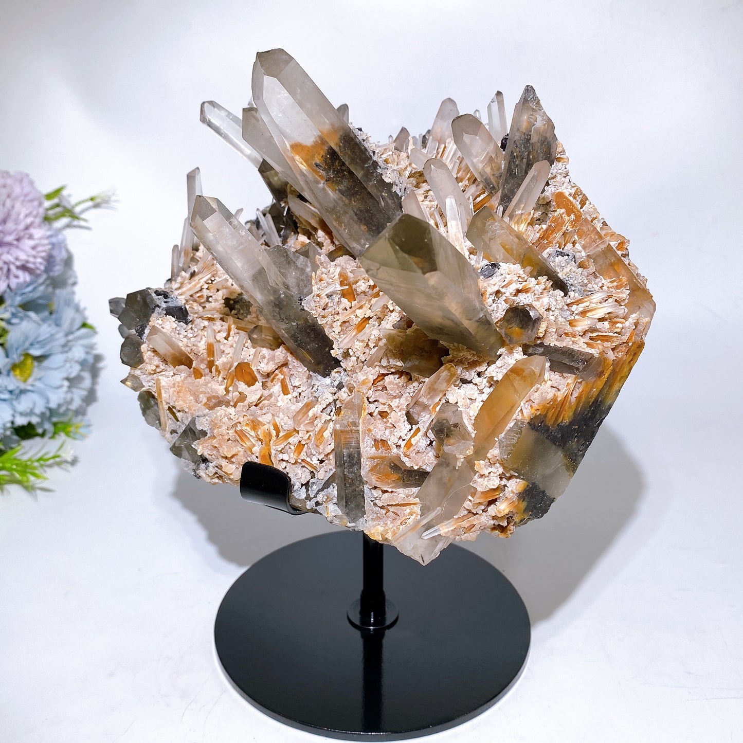 Large Unique Smoky Quartz Grow with Calcite Cluster Specimen with Stand Crystal Healing Bulk Wholesale