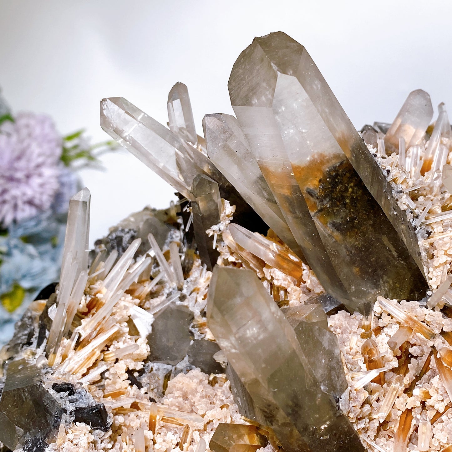 Large Unique Smoky Quartz Grow with Calcite Cluster Specimen with Stand Crystal Healing Bulk Wholesale