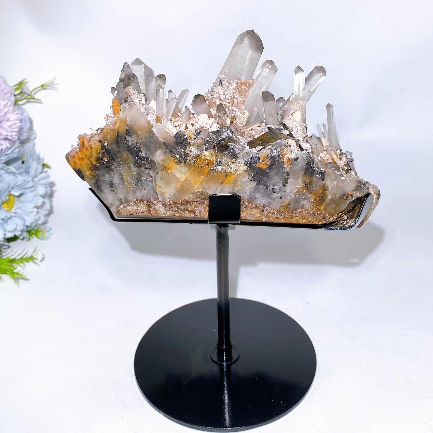 Large Unique Smoky Quartz Grow with Calcite Cluster Specimen with Stand Crystal Healing Bulk Wholesale
