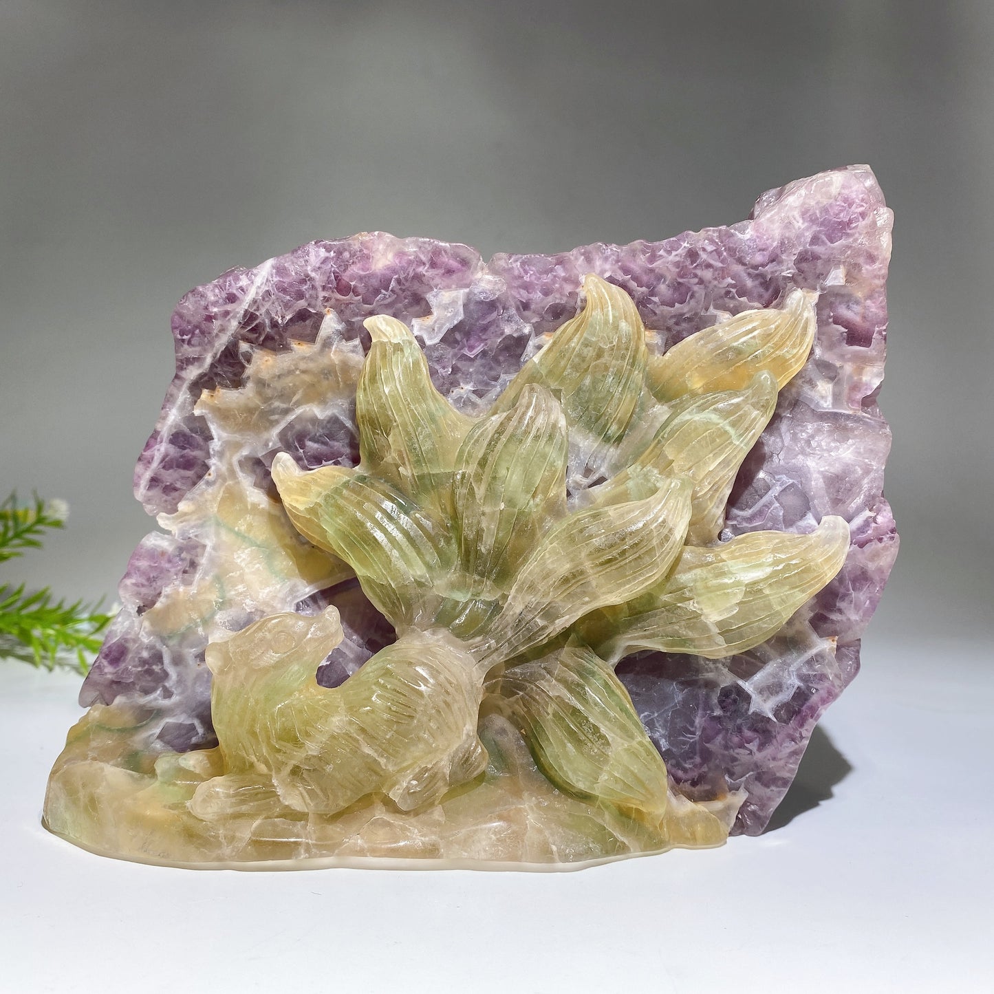 18cm Unique Fluorite Nine-tails Fox Carving Crystal Healing Bulk Wholesale