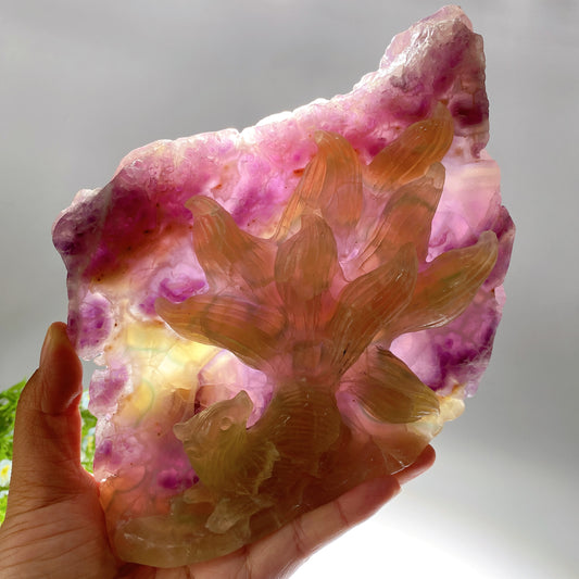18cm Unique Fluorite Nine-tails Fox Carving Crystal Healing Bulk Wholesale