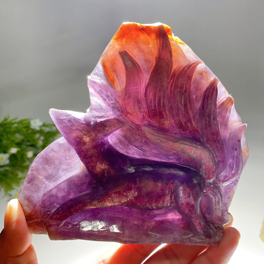 14cm Unique Purple Mica Nine-tails Fox Carving Crystal Healing Bulk Wholesale