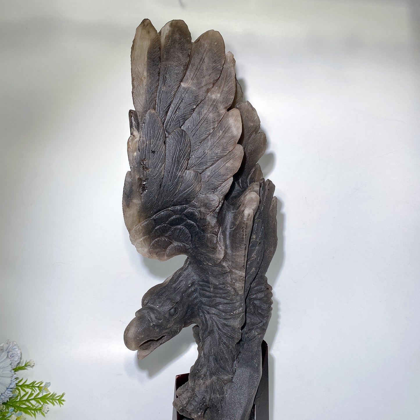 54cm Large Unqiue Smoky Quartz Eagle Carving with Wooden Stand Crystal Healing Bulk Wholesale