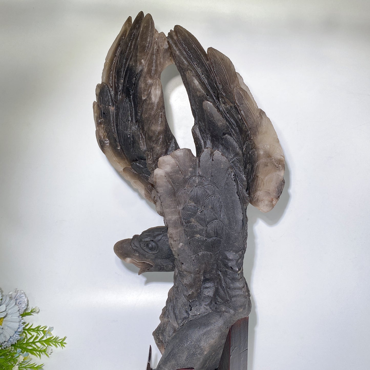54cm Large Unqiue Smoky Quartz Eagle Carving with Wooden Stand Crystal Healing Bulk Wholesale