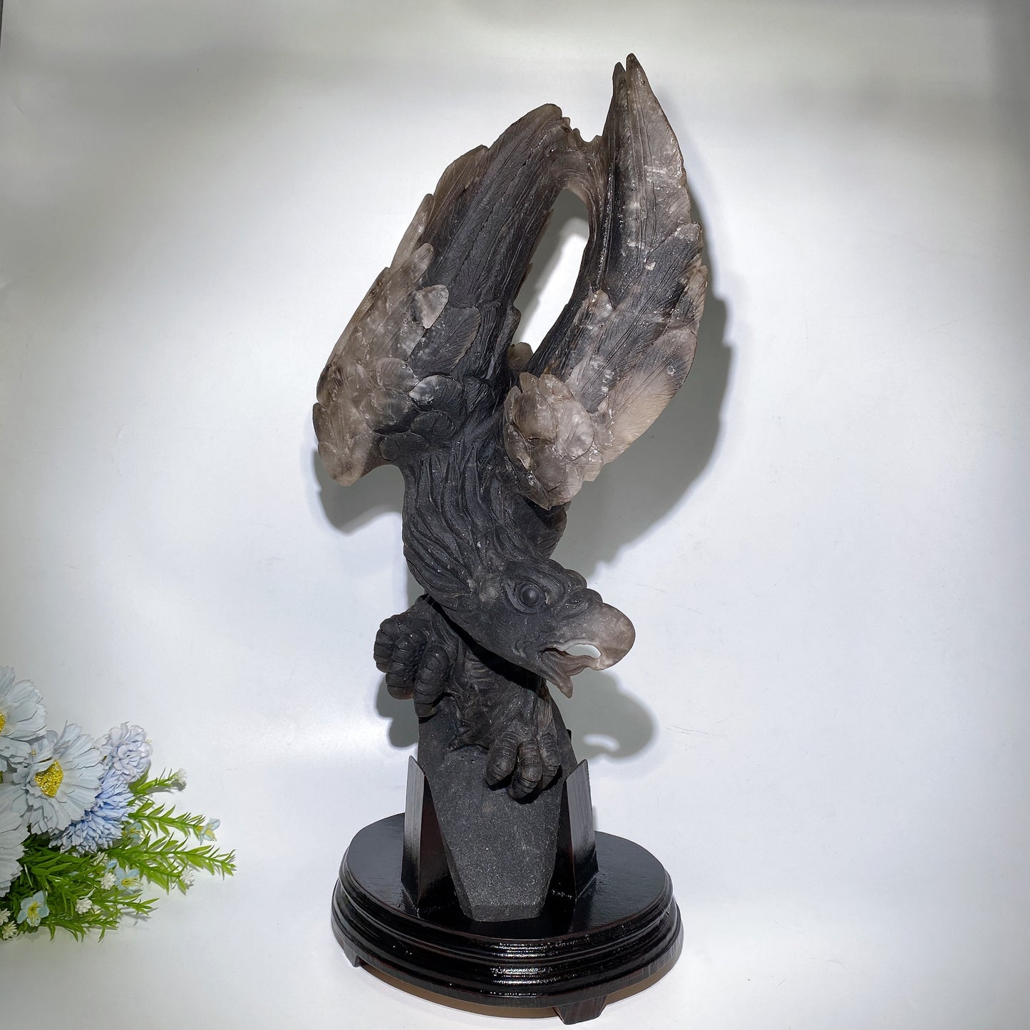 54cm Large Unqiue Smoky Quartz Eagle Carving with Wooden Stand Crystal Healing Bulk Wholesale