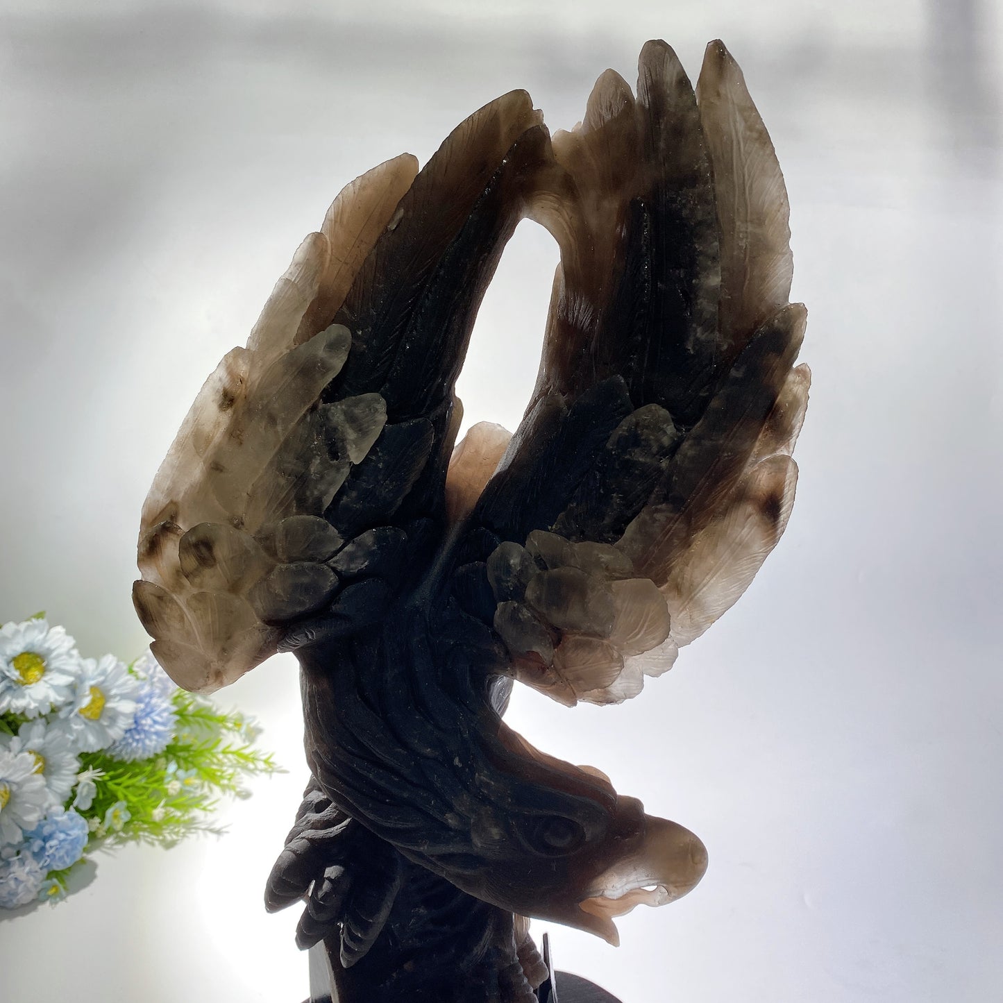 54cm Large Unqiue Smoky Quartz Eagle Carving with Wooden Stand Crystal Healing Bulk Wholesale