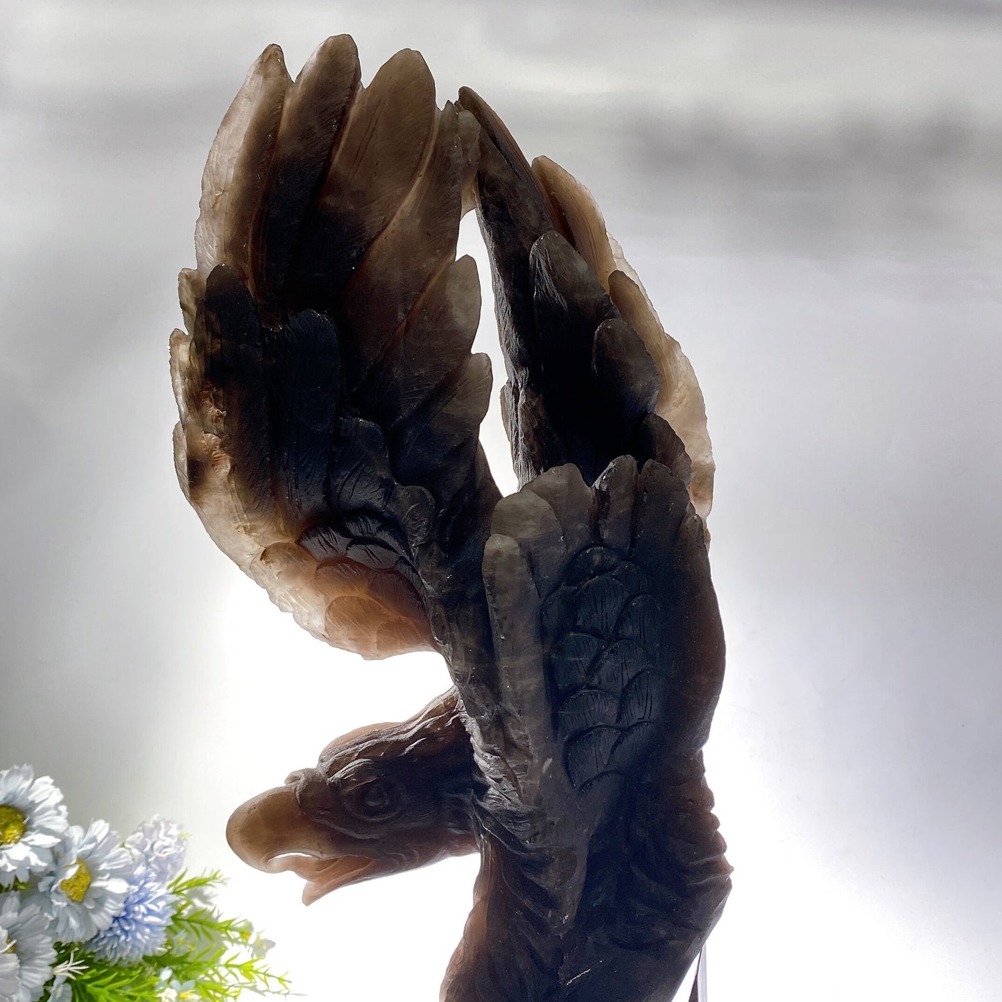 54cm Large Unqiue Smoky Quartz Eagle Carving with Wooden Stand Crystal Healing Bulk Wholesale