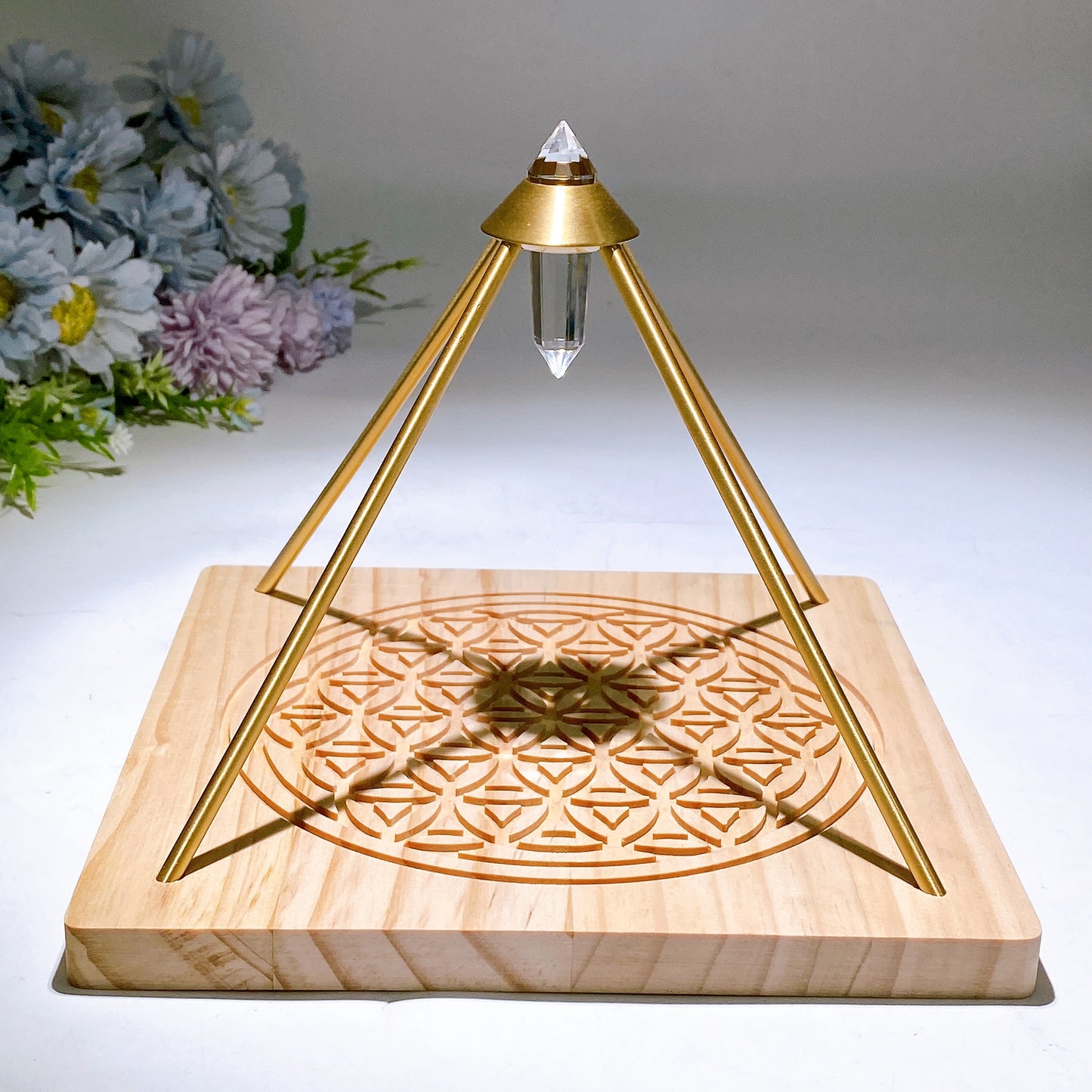 Vogel Copper Pyramid with Faceted Clear Quartz DT Point & Life Flower Wooden Base Crystal Healing Bulk Wholesale