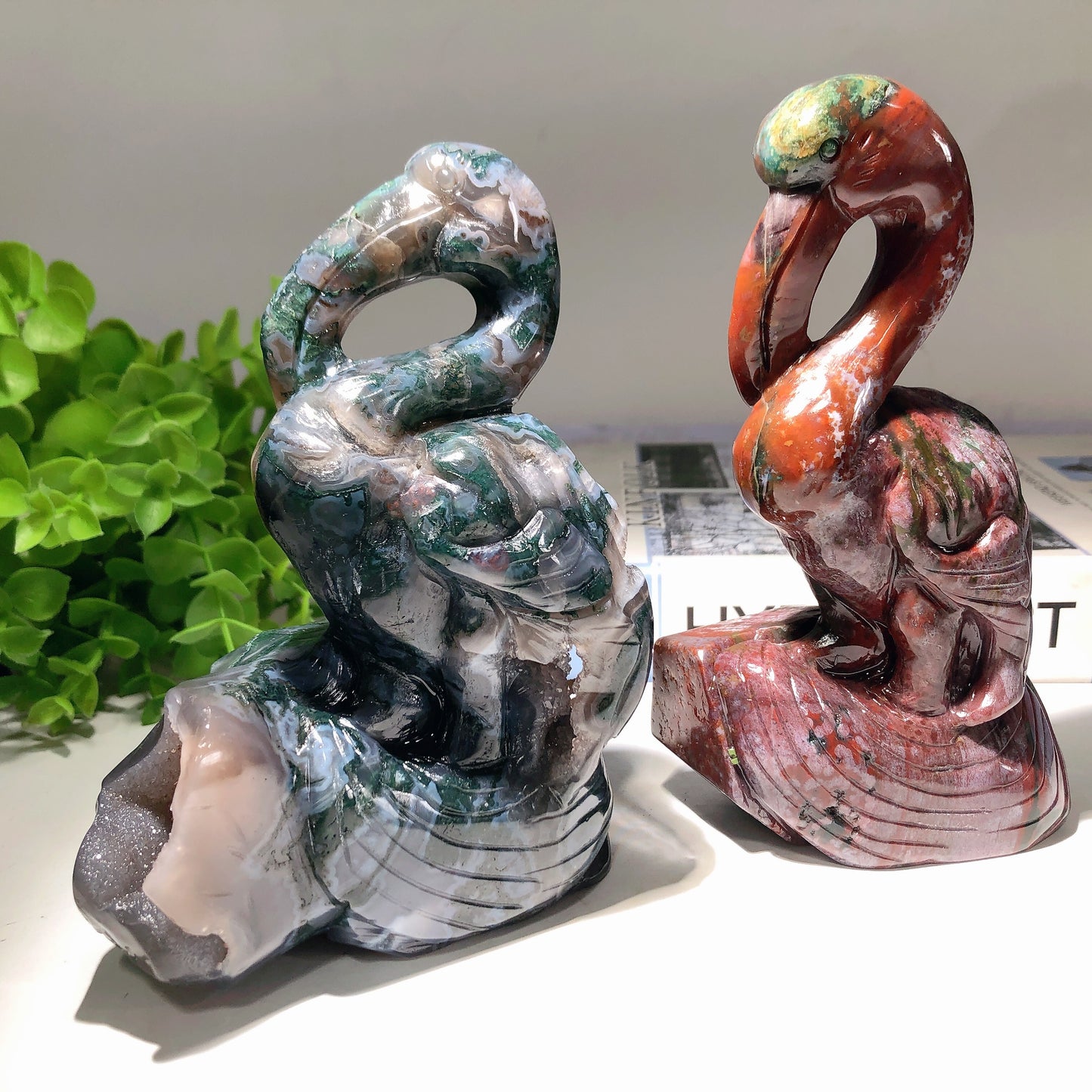 5.5"-6.5" Moss Agate Ocean Jasper Flamingo Carvings Crystal Healing Bulk Wholesale