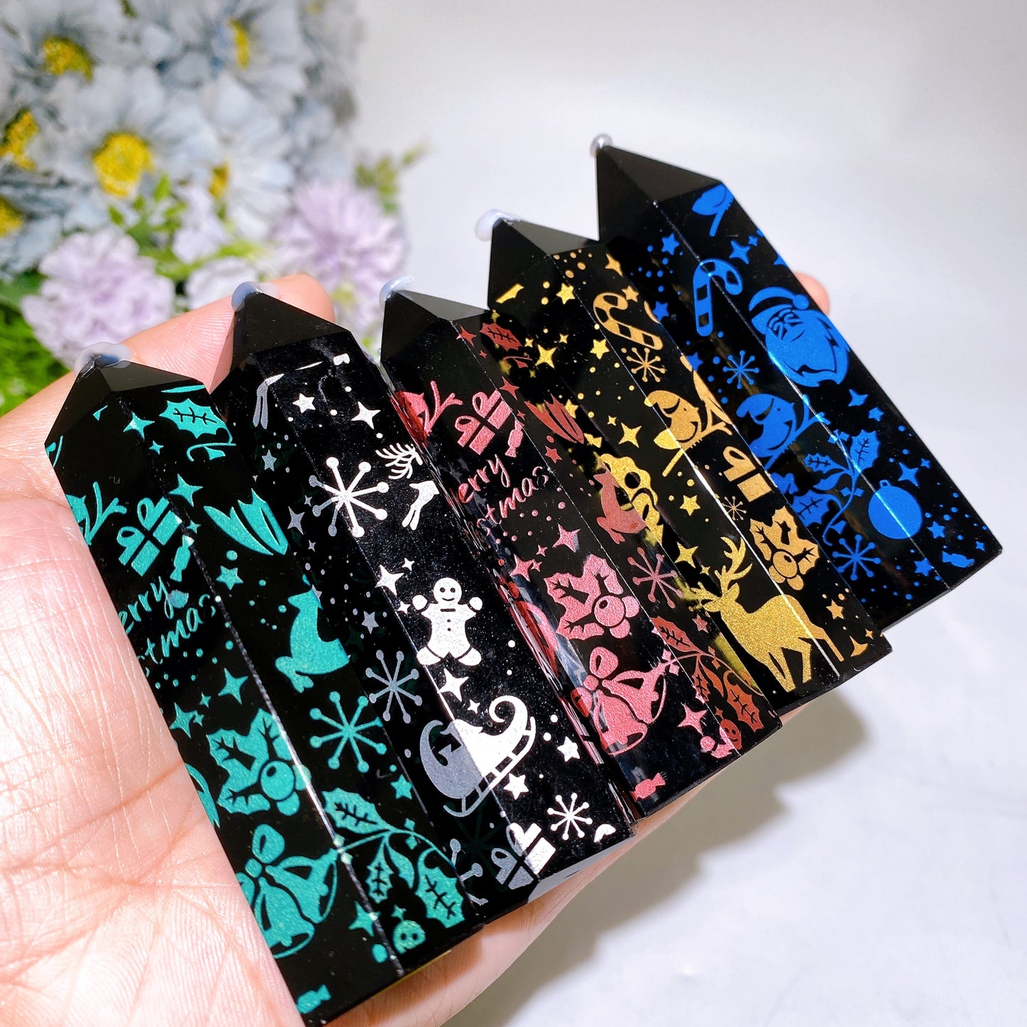 3.3"-4.0" Black Obsidian Point with Printing for Christmas Crystal Healing Bulk Wholesale