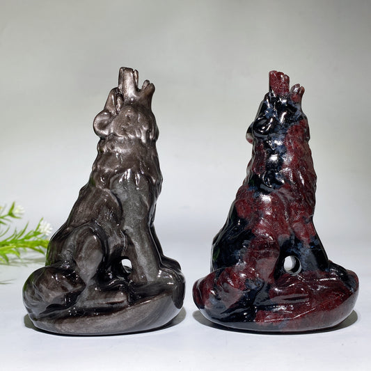 4.5" Silver Obsidian Garnet Wolf Carving Crystal Healing Bulk Wholesale