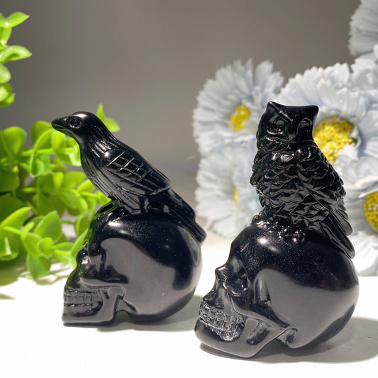 2.8" Black Obsidian Skull with Bird Carvings for Halloween Bulk Wholesale