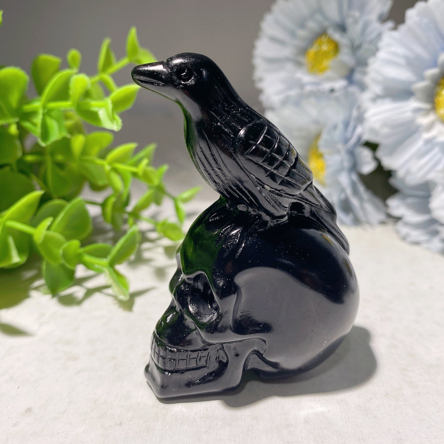 2.8" Black Obsidian Skull with Bird Carvings for Halloween Bulk Wholesale