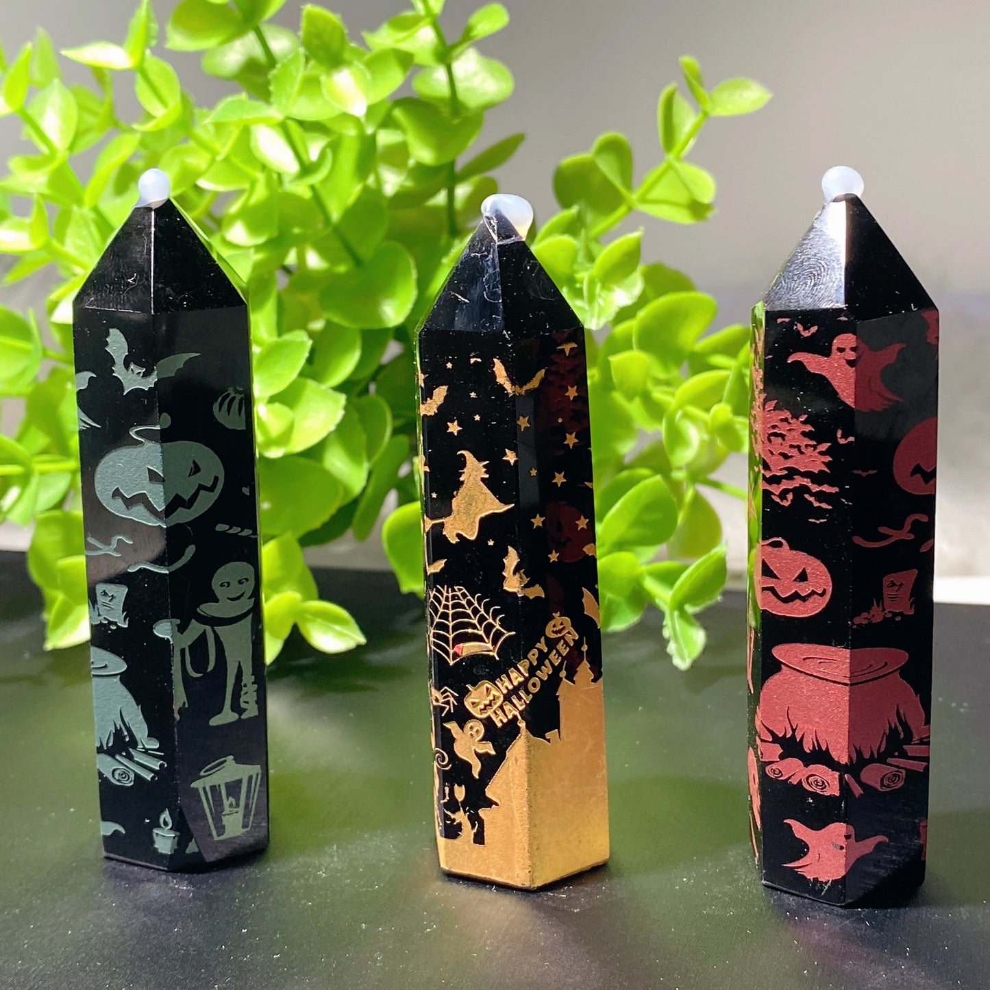 3.3"-3.5" Black Obsidian Point with Halloween Printing Bulk Wholesale