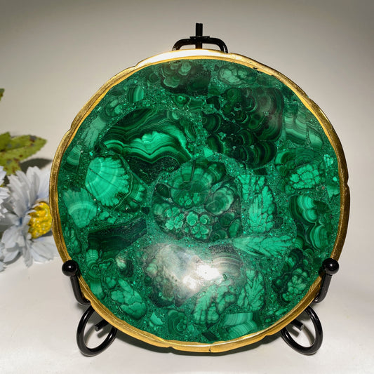 5.1" Natural Malachite Bowl with Golden Rim Crystal Healing Bulk Wholesale