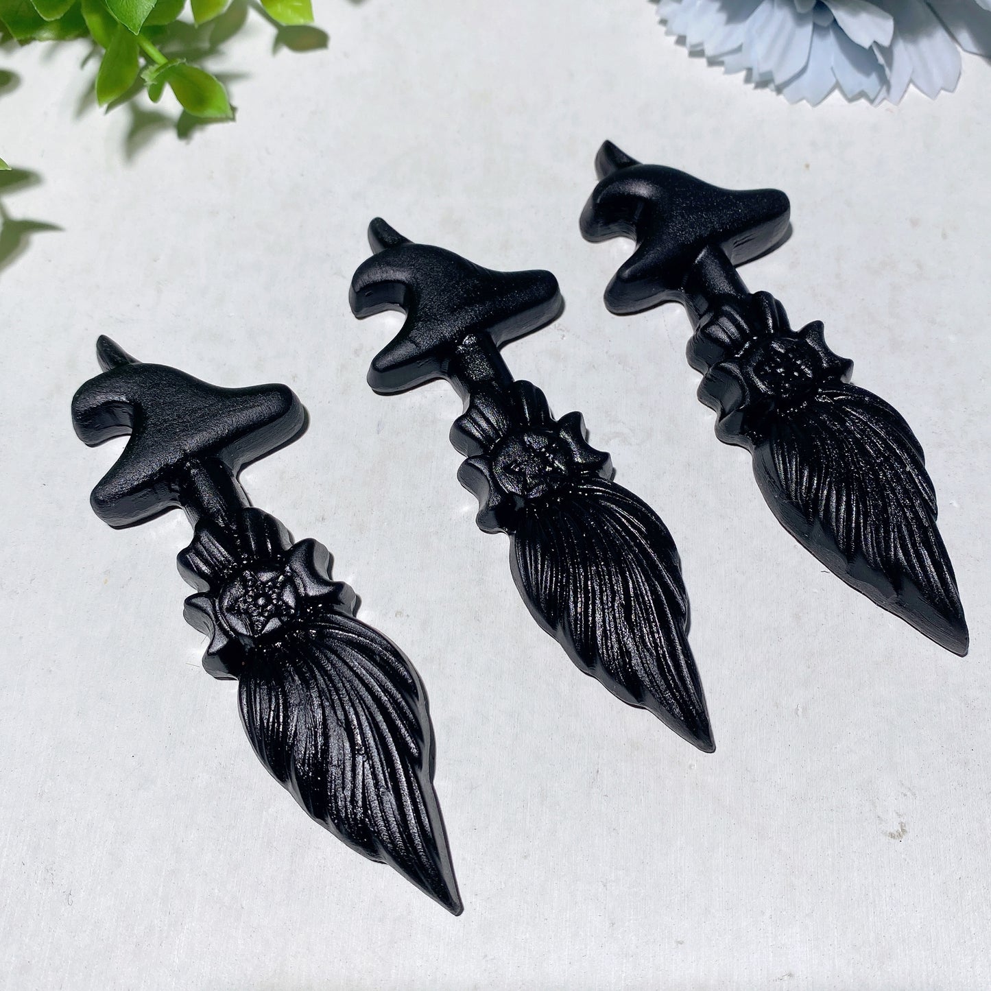 3.9" Black Obsidian Taiji Stone Witch's Broom Carvings Bulk Wholesale
