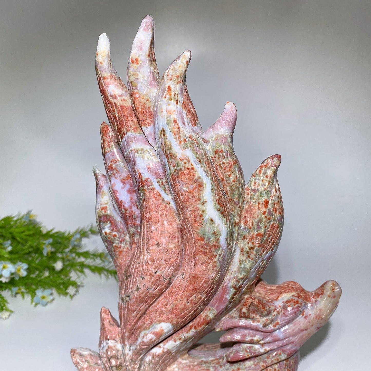 30cm Large Unique Ocean Jasper Nine-tails Fox Carving with Wooden Stand Crystal Healing Bulk Wholesale