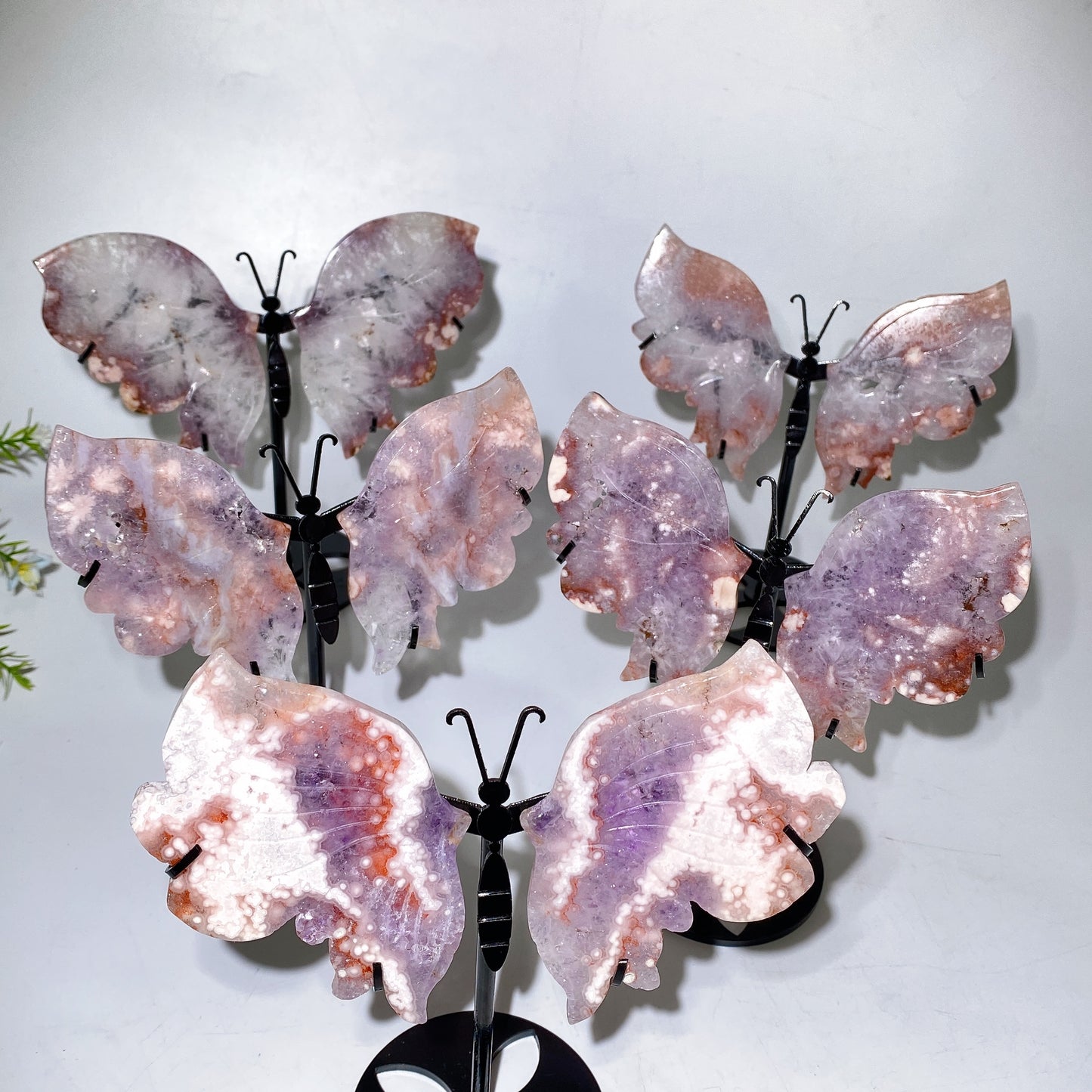 Pink Amethyst Flower Agate Butterfly Wings Carving with Stand Crystal Healing Bulk Wholesale