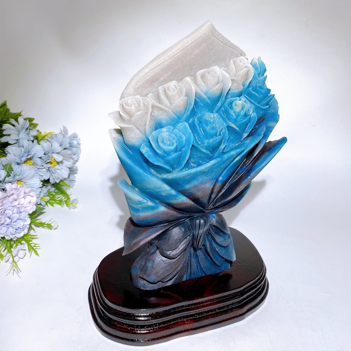 26cm Trolleite Rose Flower Bouquet Carving with Wooden Stand Crystal Healing Bulk Wholesale