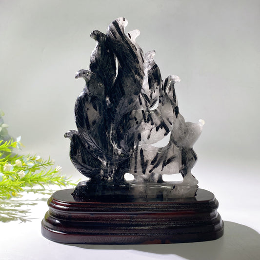 20cm Uninque Black Tourmaline in Quartz Nine-tails Fox Carving Crystal Healing Bulk Wholesale