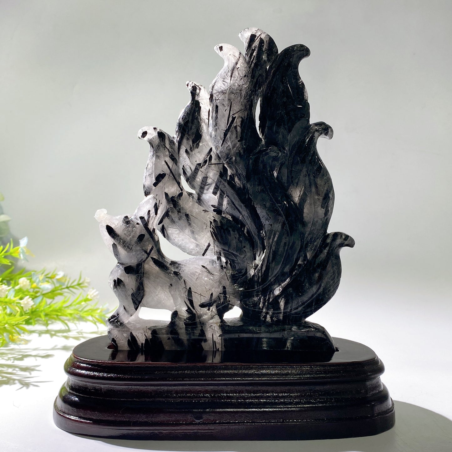20cm Uninque Black Tourmaline in Quartz Nine-tails Fox Carving Crystal Healing Bulk Wholesale