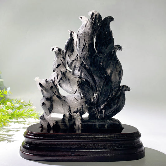 20cm Uninque Black Tourmaline in Quartz Nine-tails Fox Carving Crystal Healing Bulk Wholesale