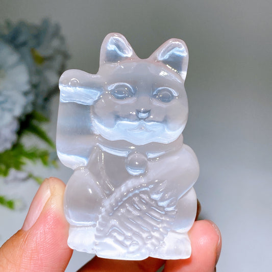 2.3" Selenite Maneki-neko Carving Crystal Healing Bulk Wholesale