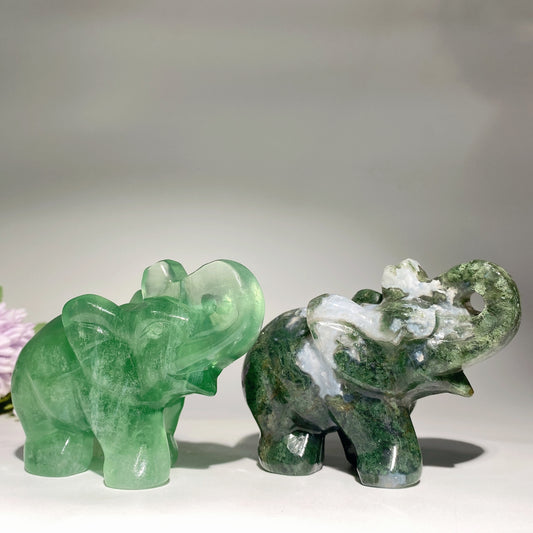 4.0" Fluorite Moss Agate Elephant Carvings Bulk Wholesale