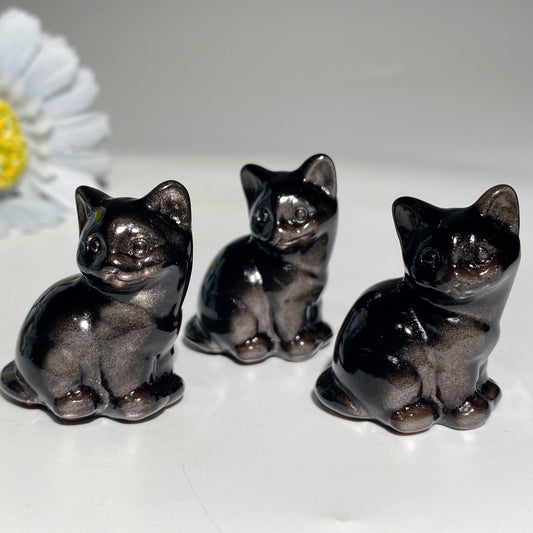 1.4"-2.3" Golden Obsidian Silver Obsidian Cat Carvings Bulk Wholesale