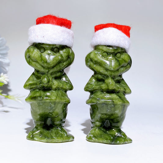 3.2" Serpentine Monster Grinch Carving with Christmas Cap Crystal Healing Bulk Wholesale
