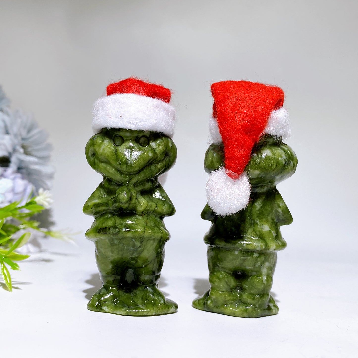 3.2" Serpentine Monster Grinch Carving with Christmas Cap Crystal Healing Bulk Wholesale