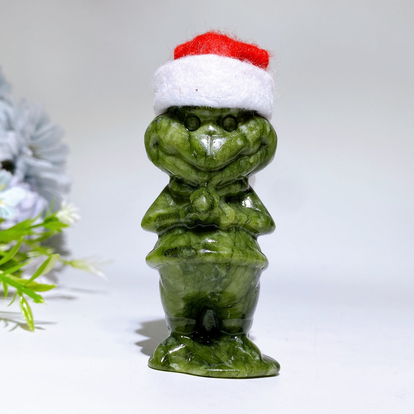 3.2" Serpentine Monster Grinch Carving with Christmas Cap Crystal Healing Bulk Wholesale