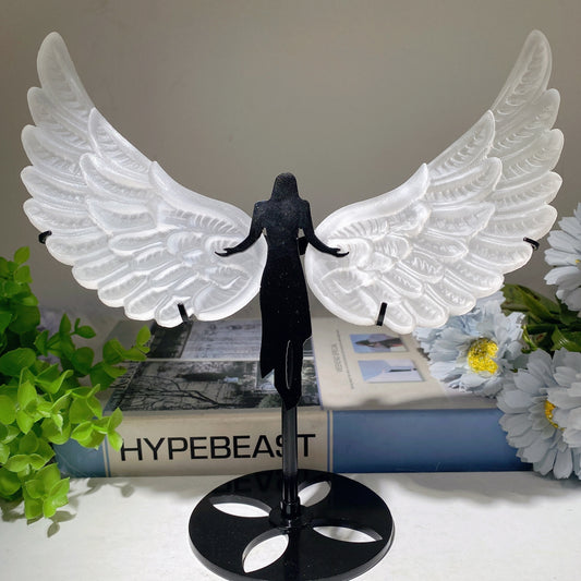 5.6" Selenite Angel Wings Carvings with Stand Bulk Wholesale
