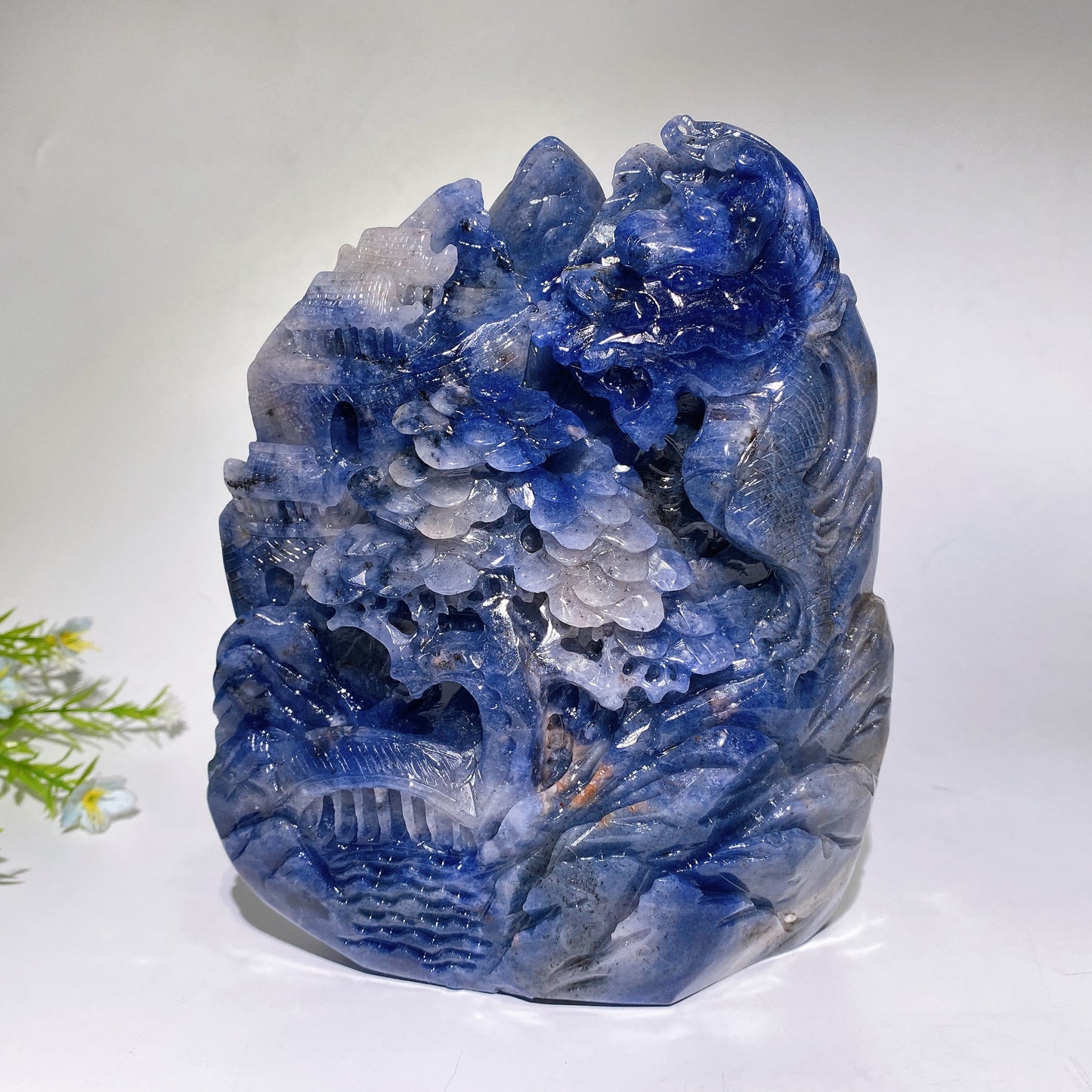 18cm Unique Hand Carved Sodalite Landscape with Dragon Carving Free Form Crystal Healing Bulk Wholesale