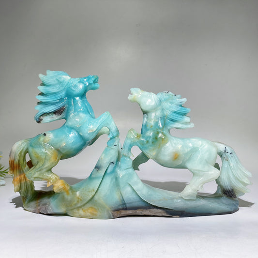 27cm Unique Hand Carved Caribbean Calcite Two Horses Free Form Crystal Healing Bulk Wholesale