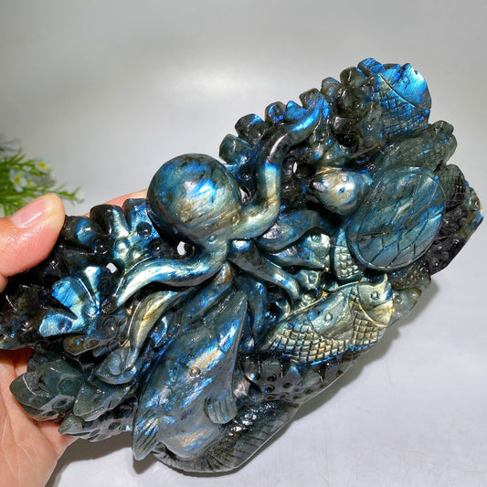21cm Unique Hand Carved Labradorite Ocean World with Dolphin Octopus Fish Turtle Coral Carvings Free Form Crystal Healing Bulk Wholesale