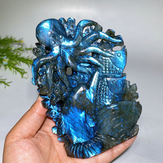 14cm Unique Hand Carved Ocecan World with Fish Dolphin Octopus Shell Coral Carving Free Form Crystal Healing Bulk Wholesale