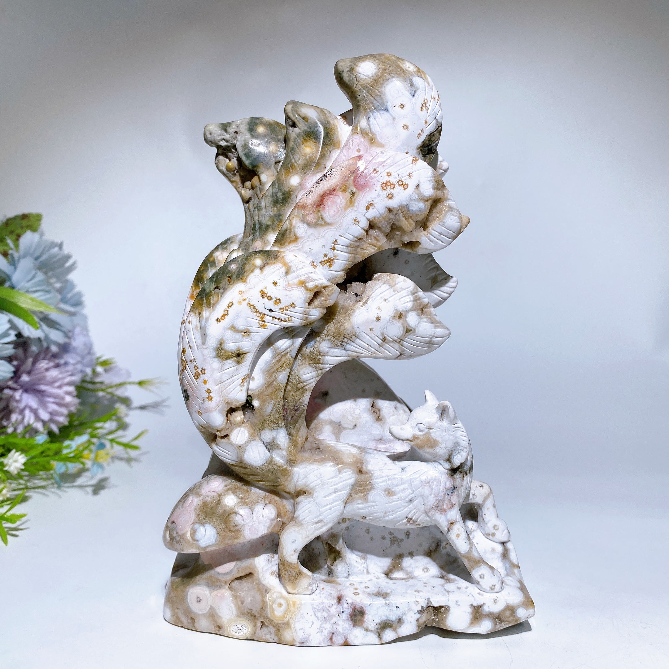 19cm Unique Ocean Jasper Nine-tails Fox Carving Wholesale