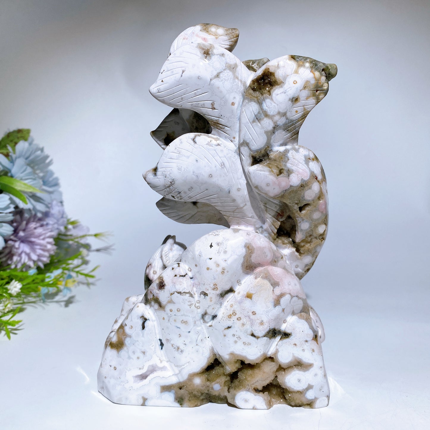 19cm Unique Ocean Jasper Nine-tails Fox Carving Crystal Healing Bulk Wholesale