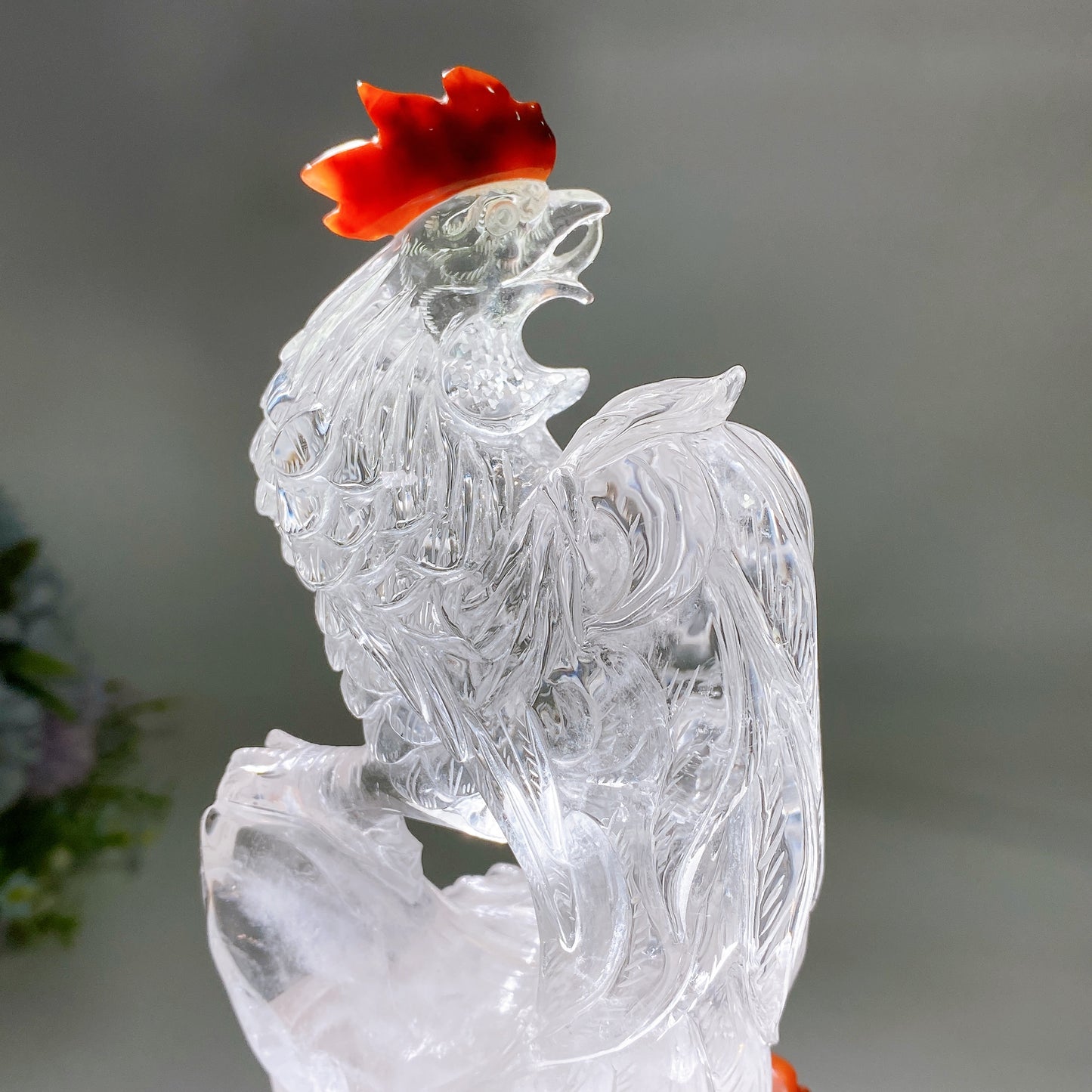 Unique Clear Quartz with Carnelian Rooster Carving with Wooden Stand Crystal Healing Bulk Wholesale