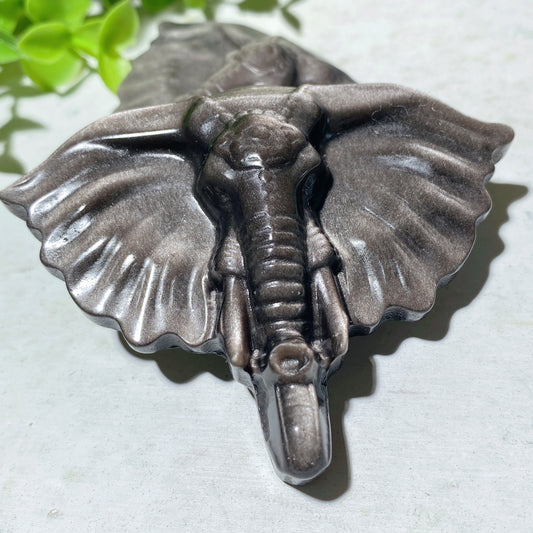 3.0" Silver Obsidian Elephant Carvings Bulk Wholesale