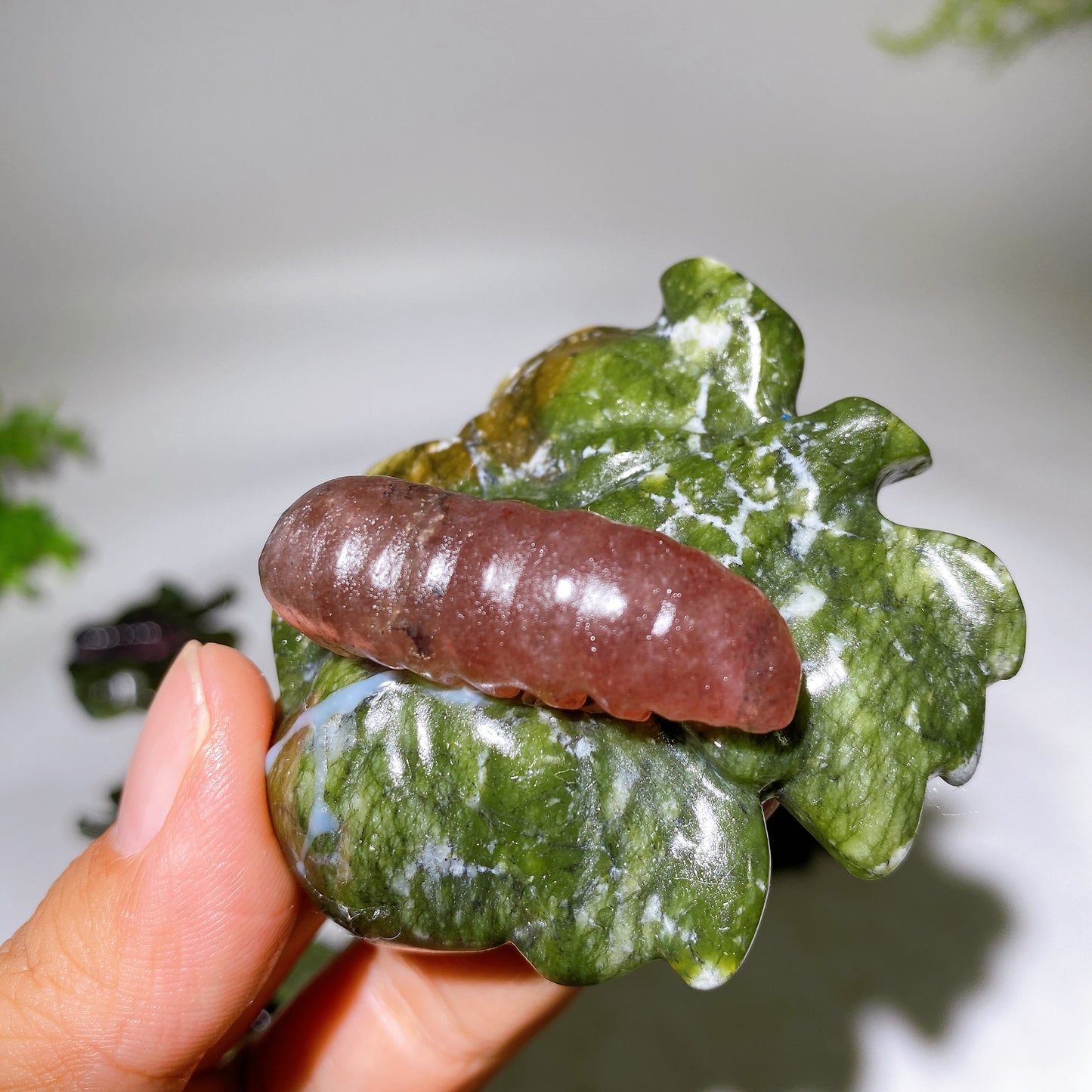 2.7" Crystal Silkworm on Serpentine Leaf Carving Crystal Healing Bulk Wholesale