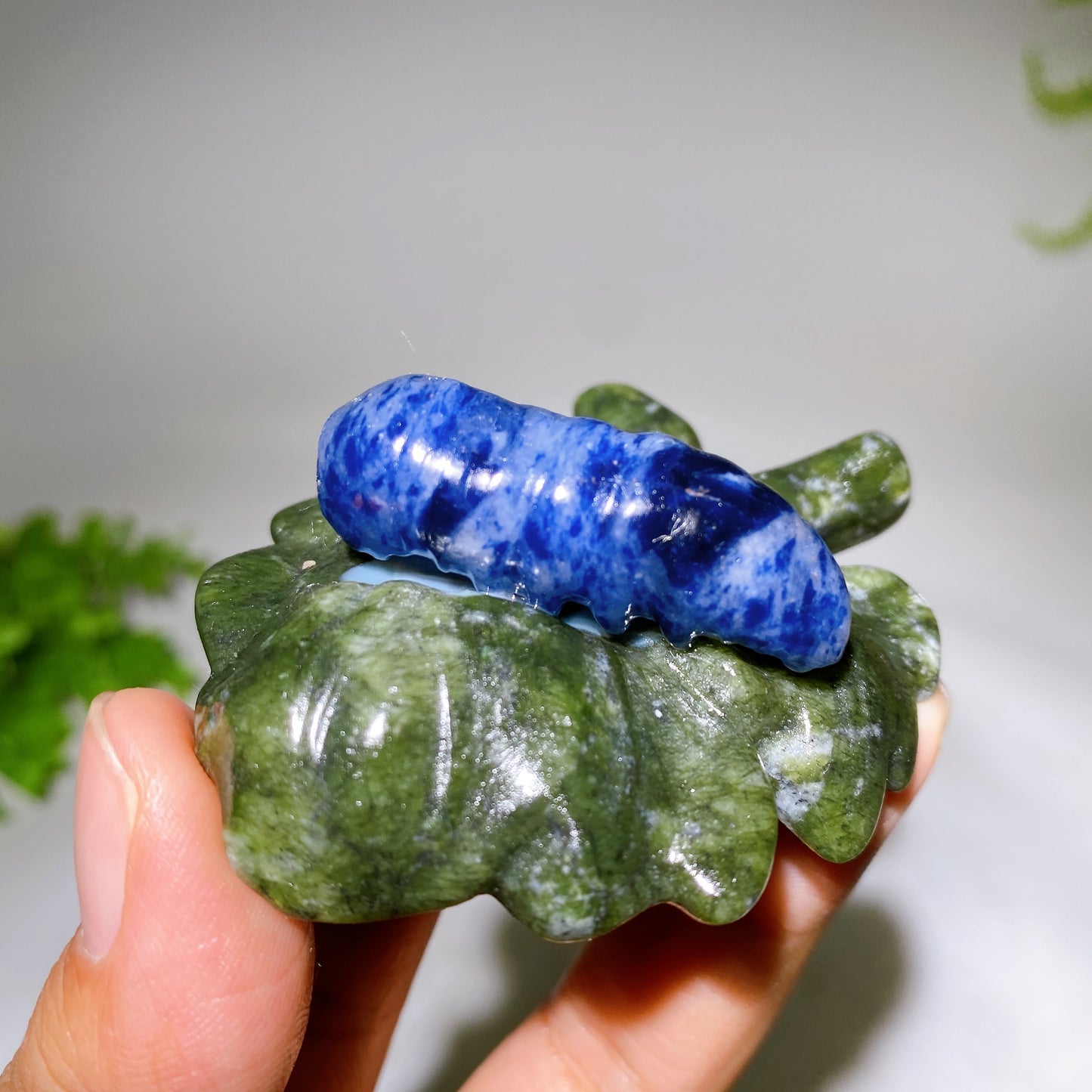 2.7" Crystal Silkworm on Serpentine Leaf Carving Crystal Healing Bulk Wholesale