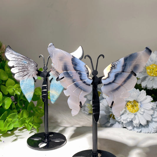 3.5" Black Agate Trolleite Butterfly Wings Carving with Stand Bulk Wholesale
