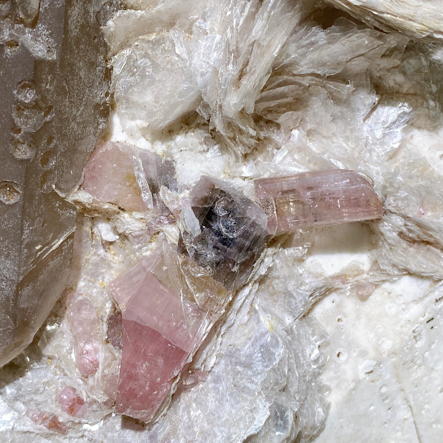 Unique Pink Tourmaline & Smoky Quartz with Mica Grow in Feldspar Specimen with Stand Crystal Healing